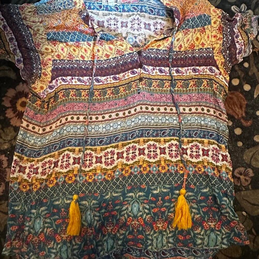 One World multi-colored boho blouse with tassels sz L